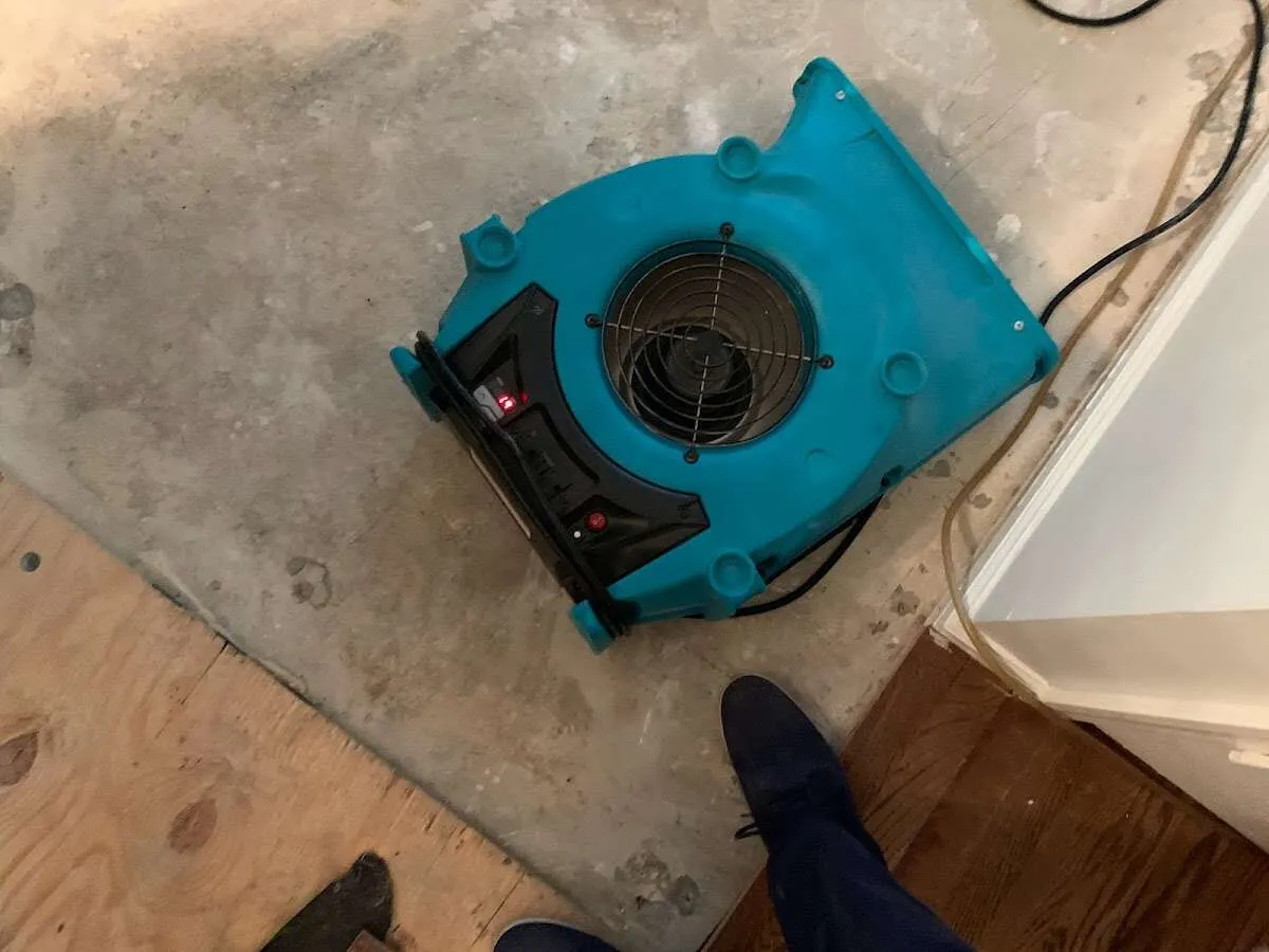 Air mover drying subfloor during Leak Detection & Repair in Lake Jackson